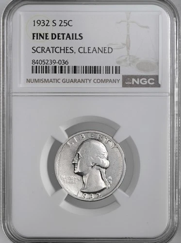 1932-S  25C WASHINGTON QUARTER  NGC FINE DETAILS SCRATCHES/CLEANED #8405239-036