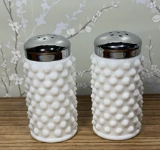 FENTON Hobnail White Milk Glass Salt & Pepper Shakers Chrome Lids 3.25" Tall