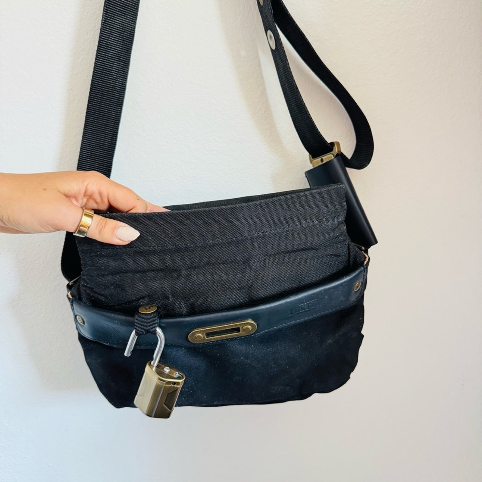 LOCTOTE Washed Black Padlock Crossbody Hip Bum Bag Travel Purse Zip Pockets