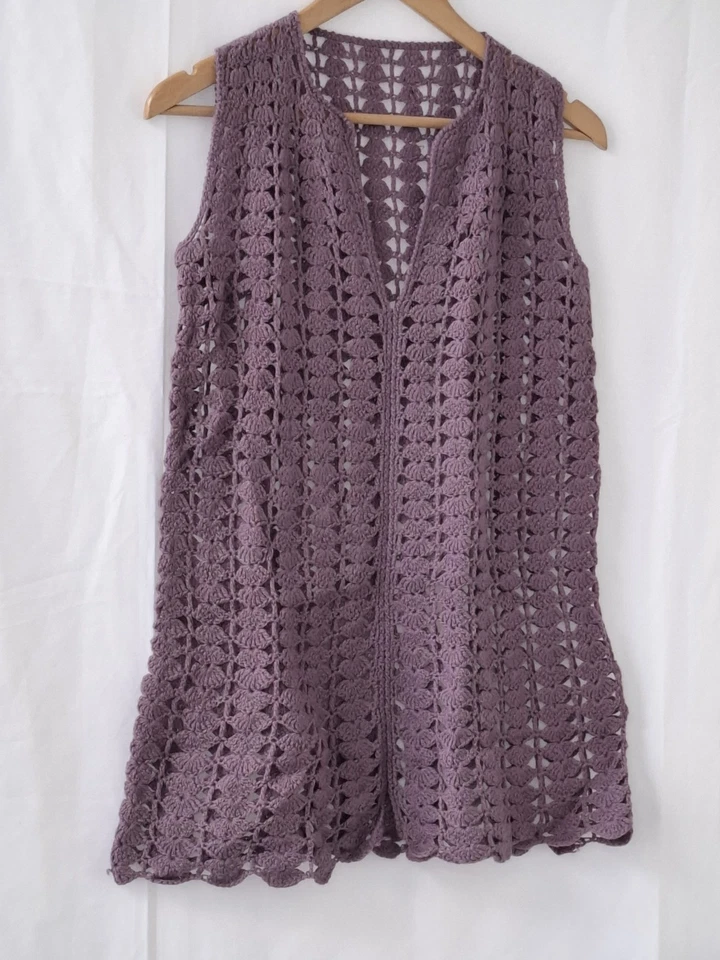 Chaleco largo vintage de ganchillo hippy sin mangas chaleco púrpura M/L hecho a mano Foto 2 de 4
