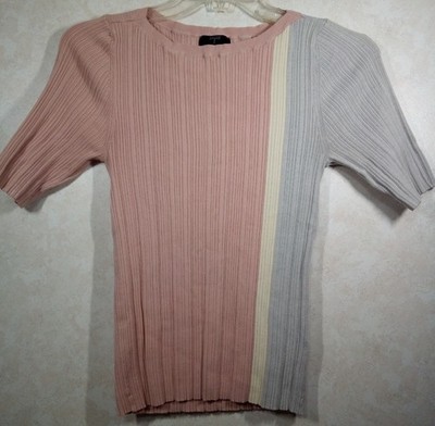 T Tahari Knit Top Women L Blush Ribbed Boat Neck Short Sleeve