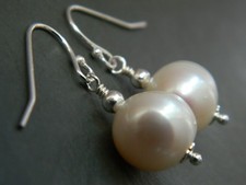 Large Ivory White Banded Baroque Freshwater Pearls, 925 Sterling Silver Earrings
