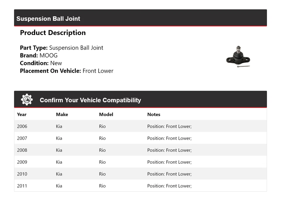 For 2006-2011 Kia Rio Suspension Ball Joint Front Lower MOOG 2006 2007 2008 2009 - Image 2 of 4