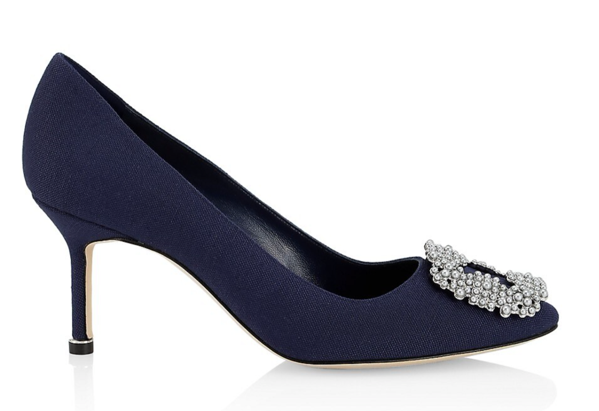 Manolo Blahnik Hangisi 70 Navy Blue Linen Pearl Jewel Buckle Low