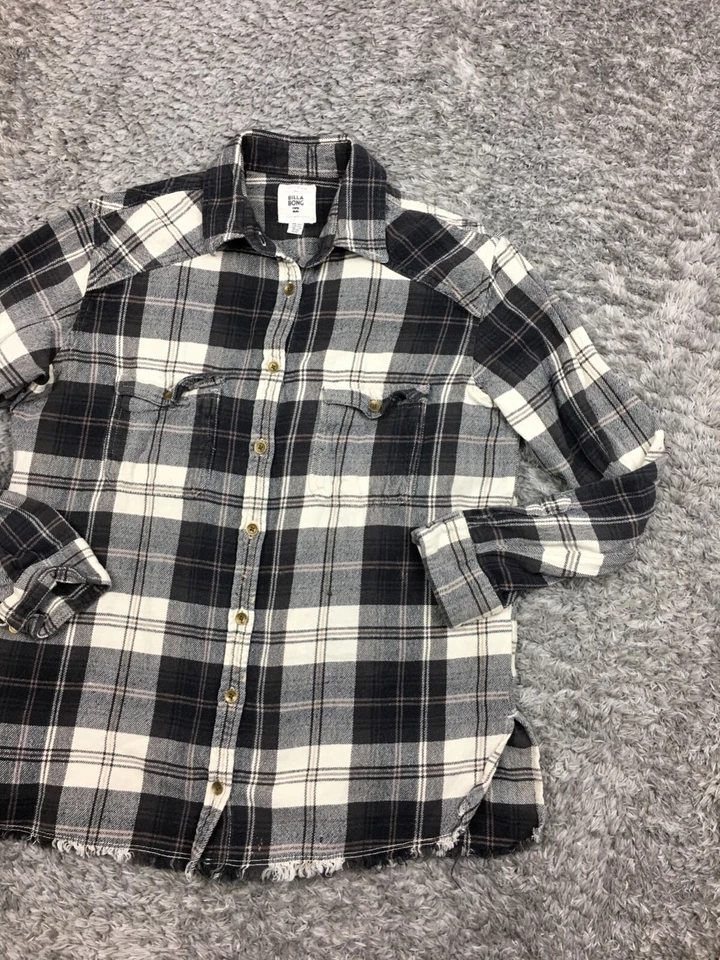 Billa Bong Flannel Button Up Womens Size Medium Gray Brown Plaid Long Sleeve - Image 2 of 4