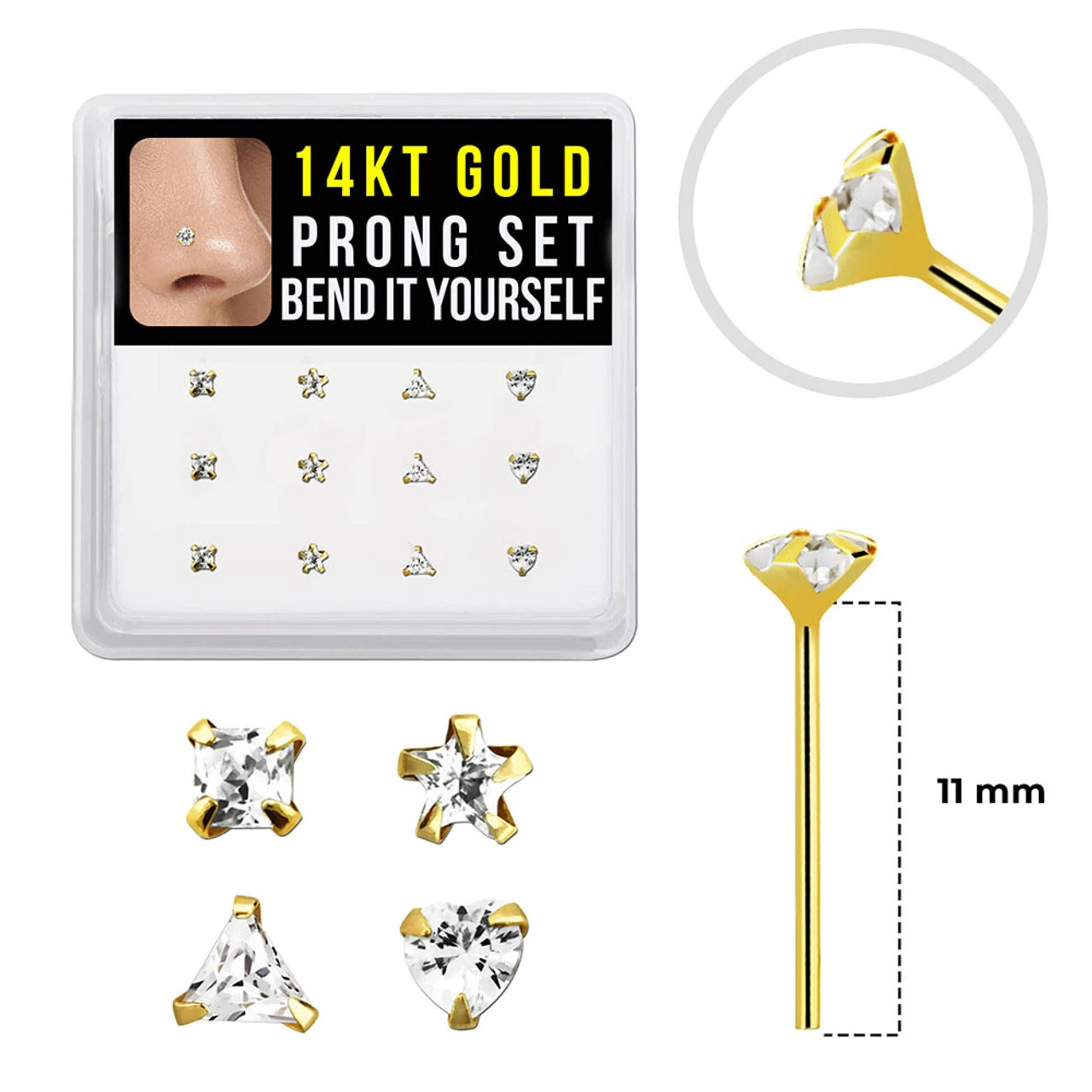 14K Solid Gold 22G Custom Bend Fishtail Bendable Nose Stud Ring Clear Crystal CZ Top Nose Piercing Jewelry  11mm for Women Men