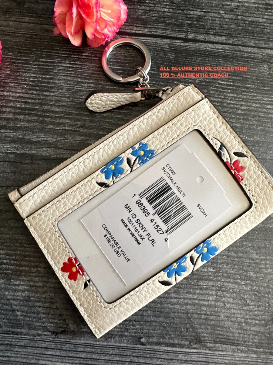 Coach CT995 Mini Skinny Pebble Leather ID Case Floral Print Silver