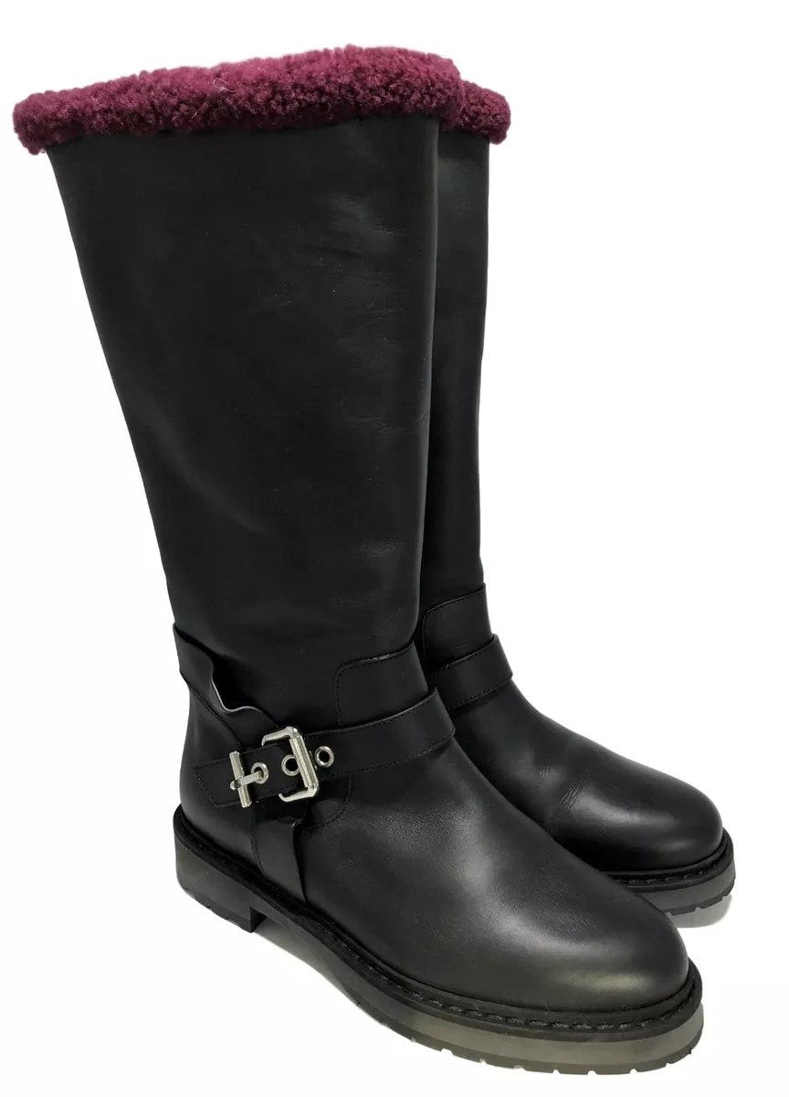 FENDI BLACK SHEARLING LINED TALL MOTO BOOTS 36 1850