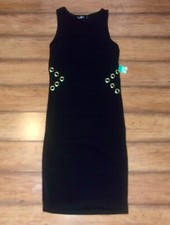 I.JONA ~ New NWT Small ~ Black STRETCH JERSEY Metal Grommet PUNCH OUT Midi Dress