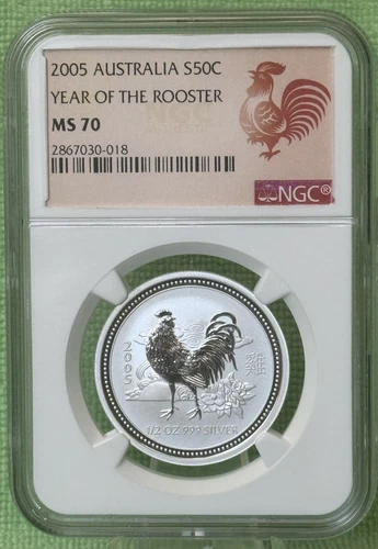 2005  ** 50c ** Australia Lunar ** Year of The Rooster ** 1/2 Oz. ** NGC MS70 **