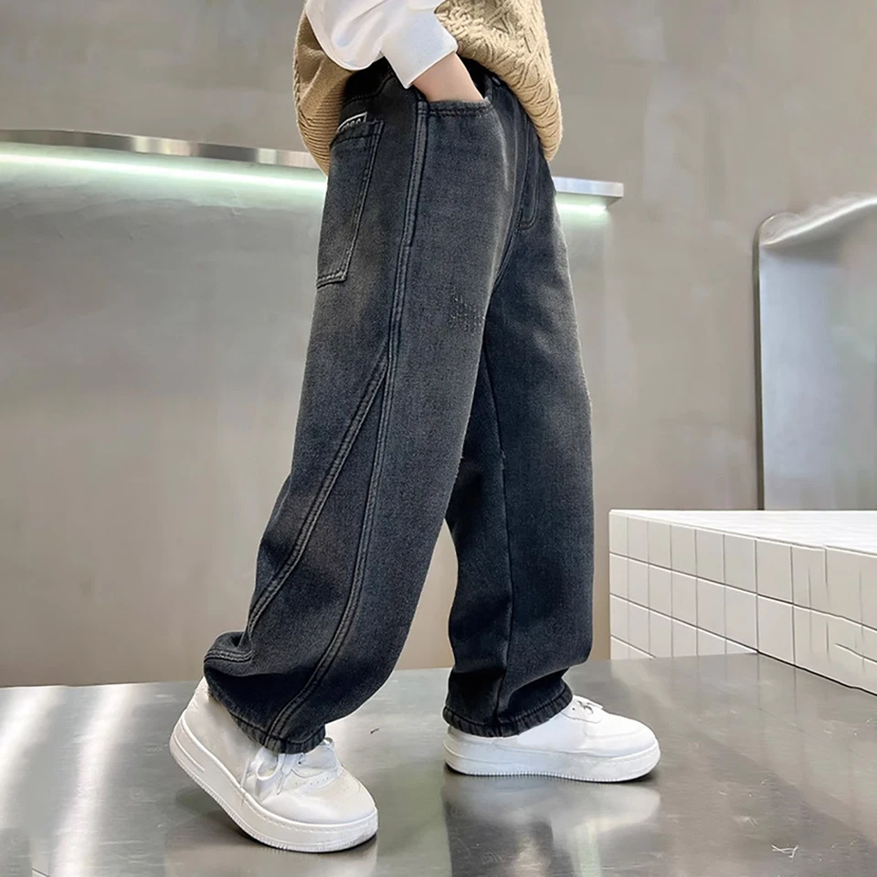 Pantalones de mezclilla vintage holgados de pierna ancha informales para niños Foto 3 de 4