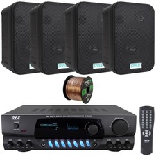 Pyle Digital Home Audio Receiver, 4x 6.5'' 500W Waterproof Black Speakers, Wire