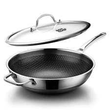 Wok pan,Hybrid 12 inch Wok with Lid PFOA Free Cookware,non stick Stainless Steel