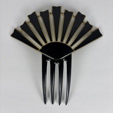 VTG Hair Comb Black Clear Fan Shaped Celluloid Art Deco