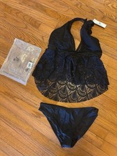 Beachsissi Women's Black Lacy Halter Top Bathing Suit Tankini -Size L - NWT