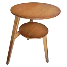 Bamboo Side Table with 2-Tier Storage Shelves, Round End Table,Round Nightsta...