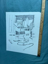 mid century pencil drawing cleaning brushes minimalistic American Origin