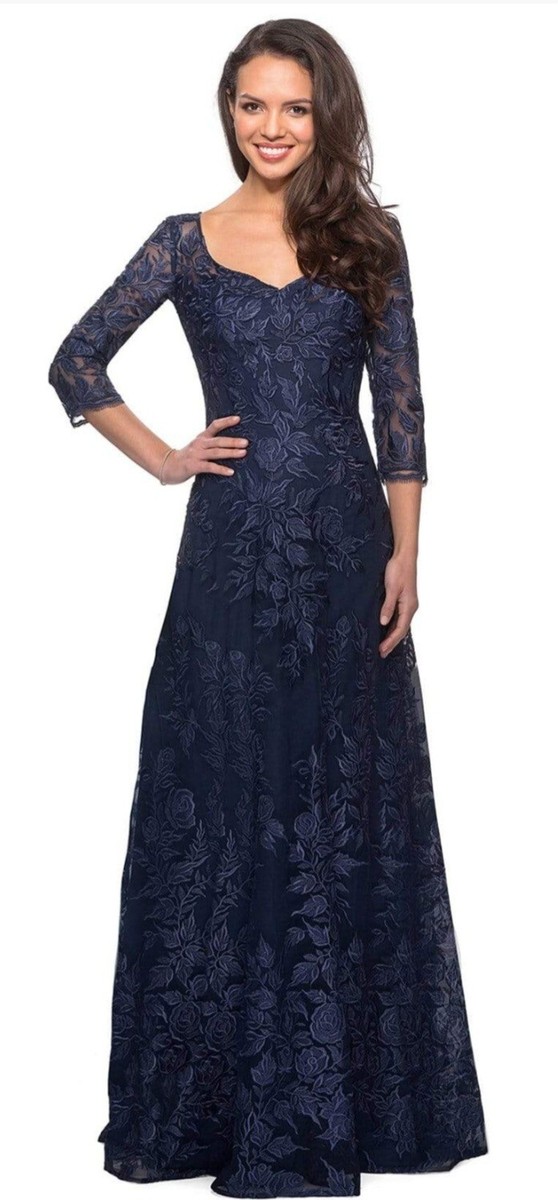La Femme 28053 V-Neck 3/4-Sleeve Lace Gown NWOT size 6 Navy
