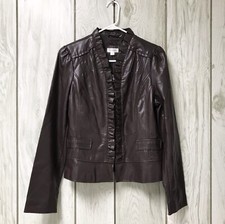 Dressbarn Women Dark Brown Faux Leather Rugged Ruffled Trim Zip Biker Jacket L