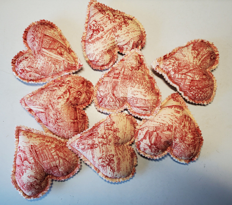 Vintage Red Toile Cotton Fabric Stuffed Hearts Bowl Fillers Tucks Lot