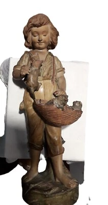 Statue terre cuite," le Guluche", enfant aux chats", cachet éd Fontaine Durieux - Photo 1/4