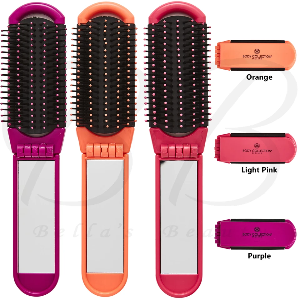 BODY COLLECTION Folding Hair Brush with Mirror Travel Handbag Pocket Size