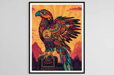 Chicano Eagle Art Print, Aztec Patterns, Modern Graffiti, Sunset