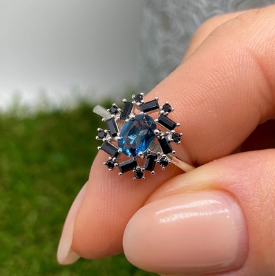 Topas London Blau und Spinell natürlicher Edelstein Ring, Silber 925, vergoldet, 8US
