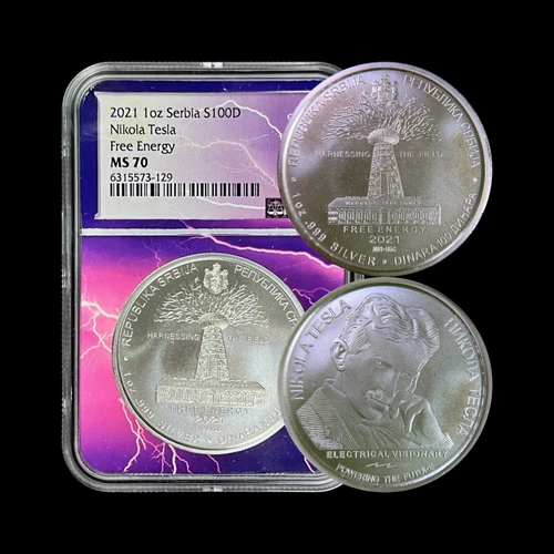 SERBIA. 2021, 100 Dinara, Silver - NGC MS70 - Top Pop 🥇 Tesla, Free Energy