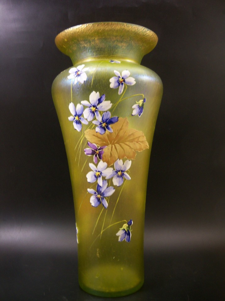 Attributed Loetz Baluster Iridescent Yellow Art Glass Vase w/ Enamel