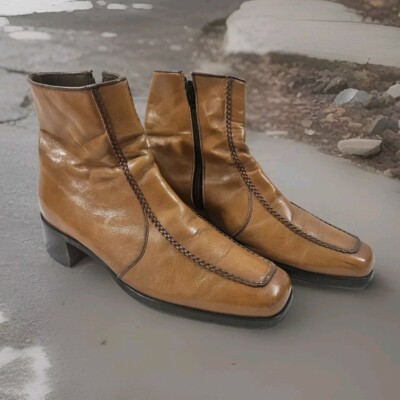 Mens Vintage Beatle Boots D Brown Leather Side Zip Square Toe Braid  Trim