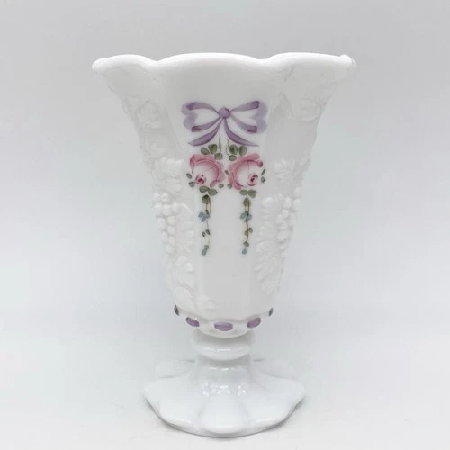 Vtg Westmoreland Belled Vase Paneled Grape Milk Glass Hand Painted Flowers
