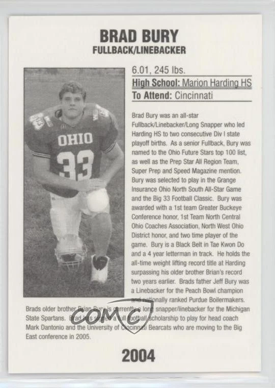 2004 PNC Big 33 Football Classic Brad Bury #OH33 - Image 2 of 2