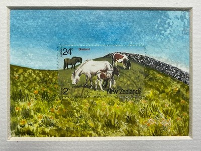 PFERDE SHETLAND PONY Original ACEO Kunstwerk aus Briefmarke SM Gemälde