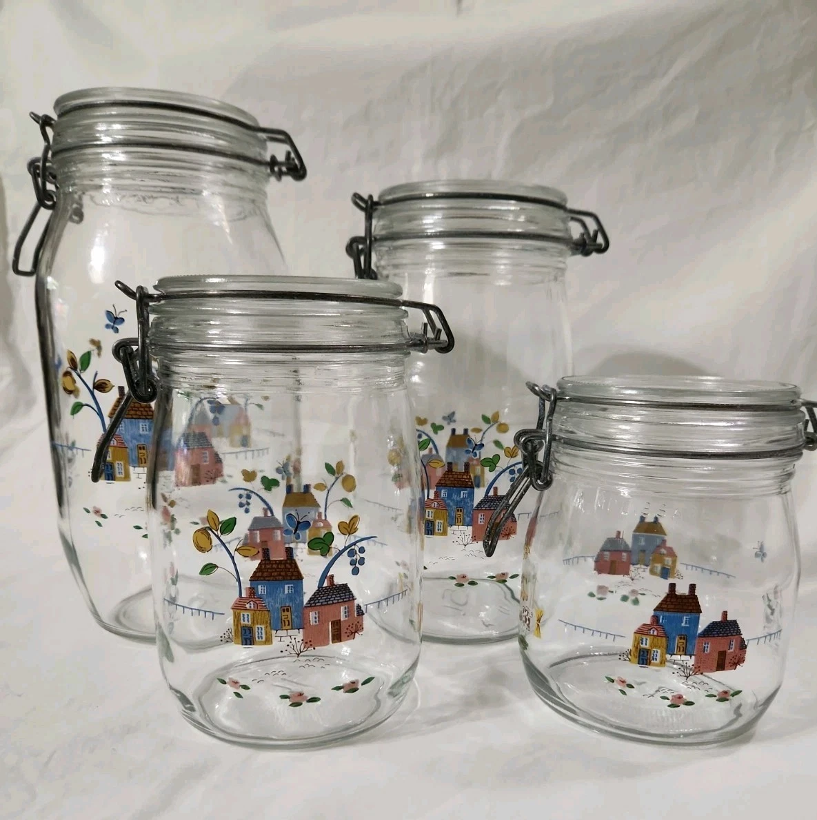 ARC France Flip Lid Glass Jar Canisters Heartland Country Village Set of 4