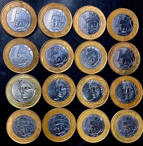 Brazil Coin Lot - 1 REAL - 16 BI-METAL COINS - 16 BRL 1 Real Coins