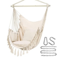 Large Beige Macrame Hanging Swing Chair 500Lbs 2 Cushions  Side Pocket