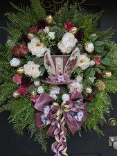Luxury Easter Bunny Hat Wreath, Spring Floral Door Wreath, Elegant Easter Decor