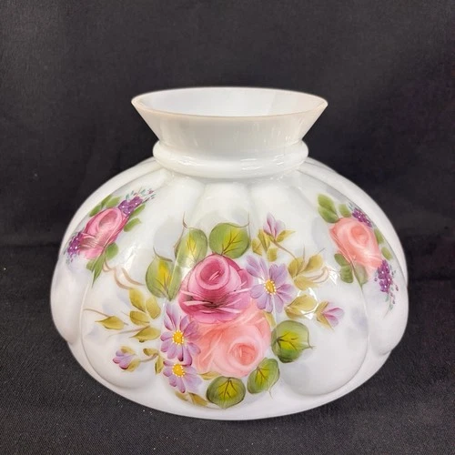 Vintage White Milk Glass Painted Floral Shade for Hurricane Oil Lamp 10” Fitter