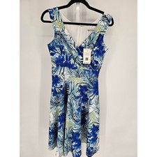 Grace Karin Blue Floral Sleeveless Faux Wrap Fit & Flare Dress Size S