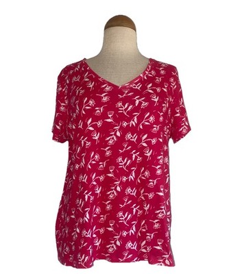 Croft & Barrow Classic Tee SZ L Top Short Sleeves Cotton Floral Dark Pink, White