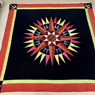 Handmade Mariner's Compass Cotton Fabric Patchwork Queen Size quilt top/topper