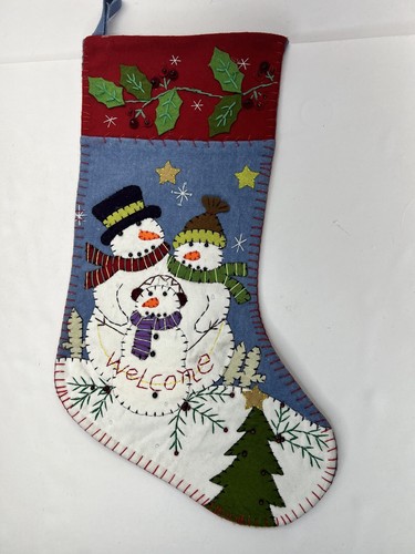 Snowman Christmas Stocking Embellished Felt Fleece 18 Inch Winter Welcome