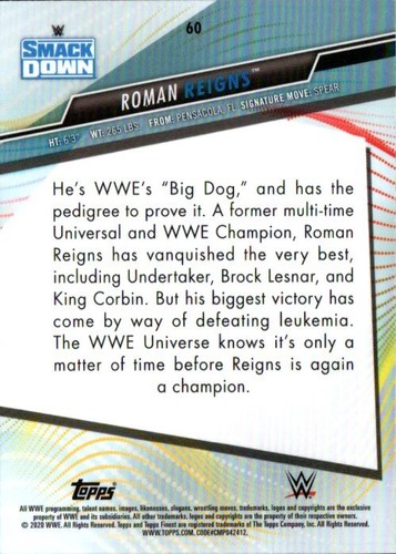 2020 Topps WWE Finest Wrestling Card #60 Roman Reigns - Picture 2 of 2