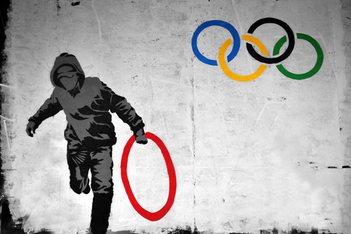 banksy street art framed canvas print olympic rings 20x16 stencil ebay
