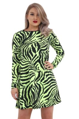 NEW WOMEN ANIMAL ZEBRA PRINT SWING DRESS LADIES NEON SKATER DRESS PLUS SIZE 8-26