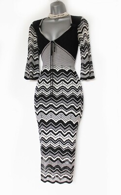 Karen Millen Black White Fine Knit Zig Zag 3/4 Sleeve Office Work Jumper  Dress 2 | eBay