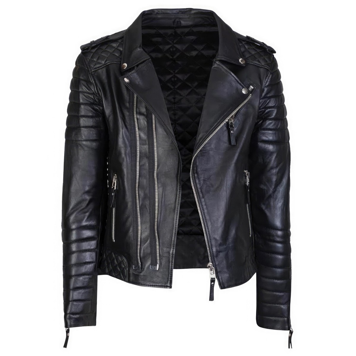 Men's Black Biker Lambskin Quilted Rock Star American Café