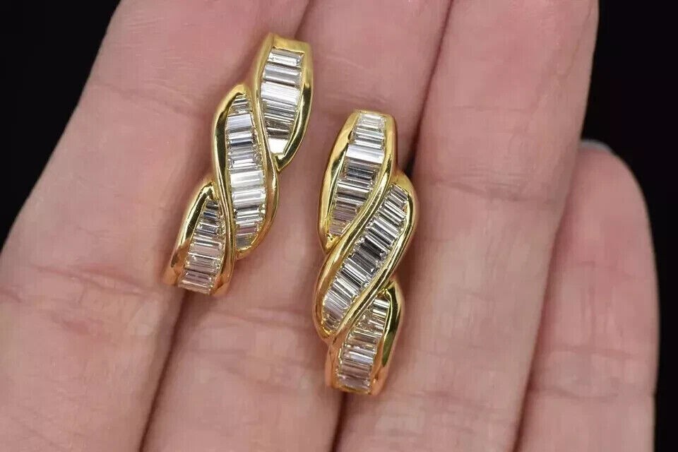 14K Gold Plated 2Ct Baguette Simulated Diamond Hoop Earrings for Women