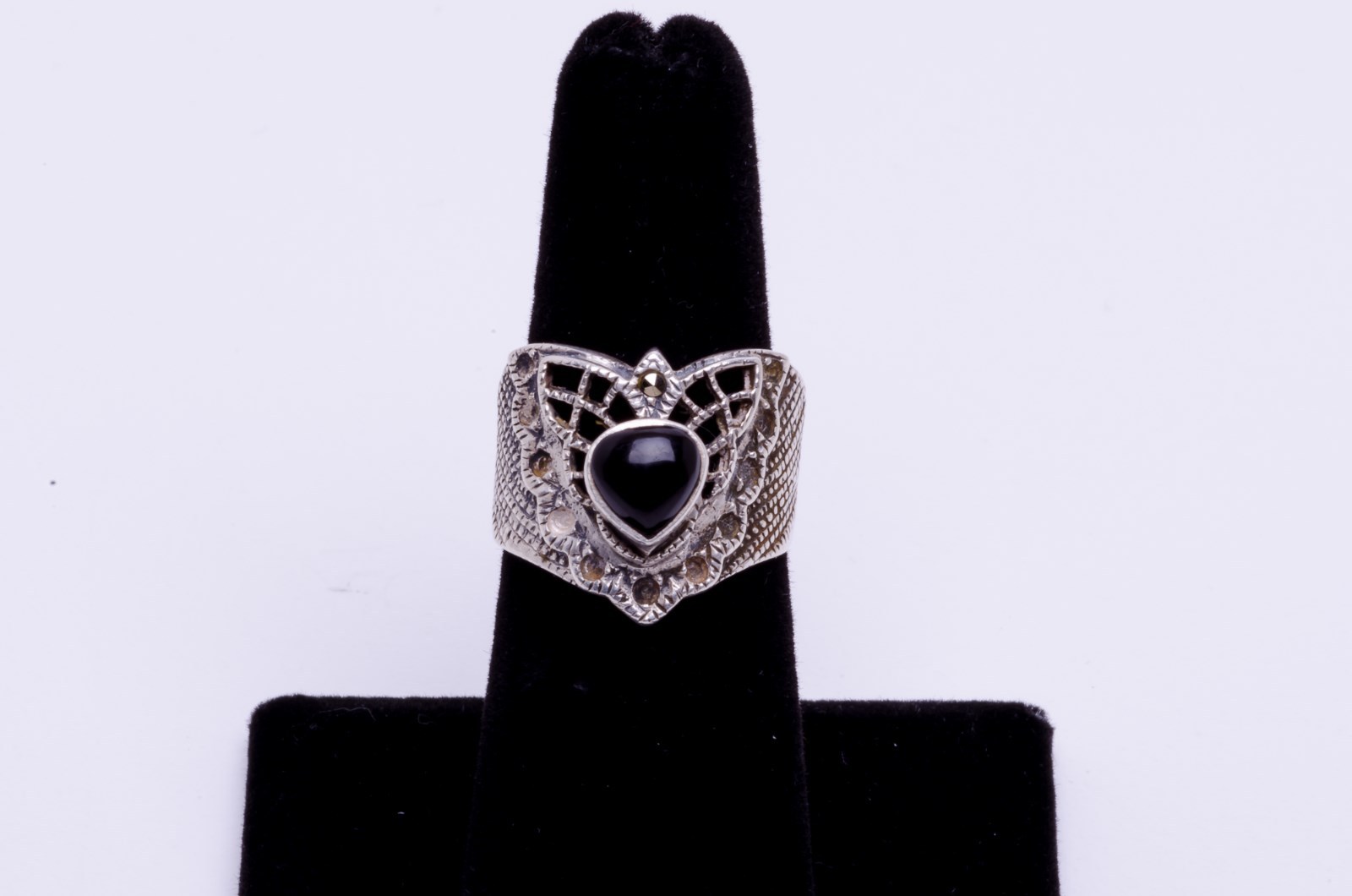HAN THAI STERLING BLACK/ MARCASITE STONE RING SIZE 6 1/2 VINTAGE 925 ...